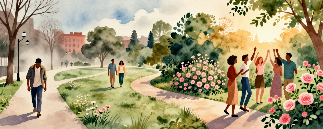 Watercolor continuum landscape — misty gray tones on left transitioning through sage greens to warm golden garden on right, with people at each stage of the wellness journey.